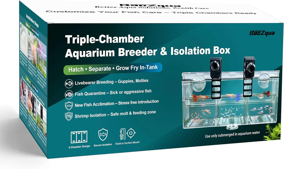 Triple-Chamber Fish Breeder Box for Fish Tank, Guppy Fry Nursery