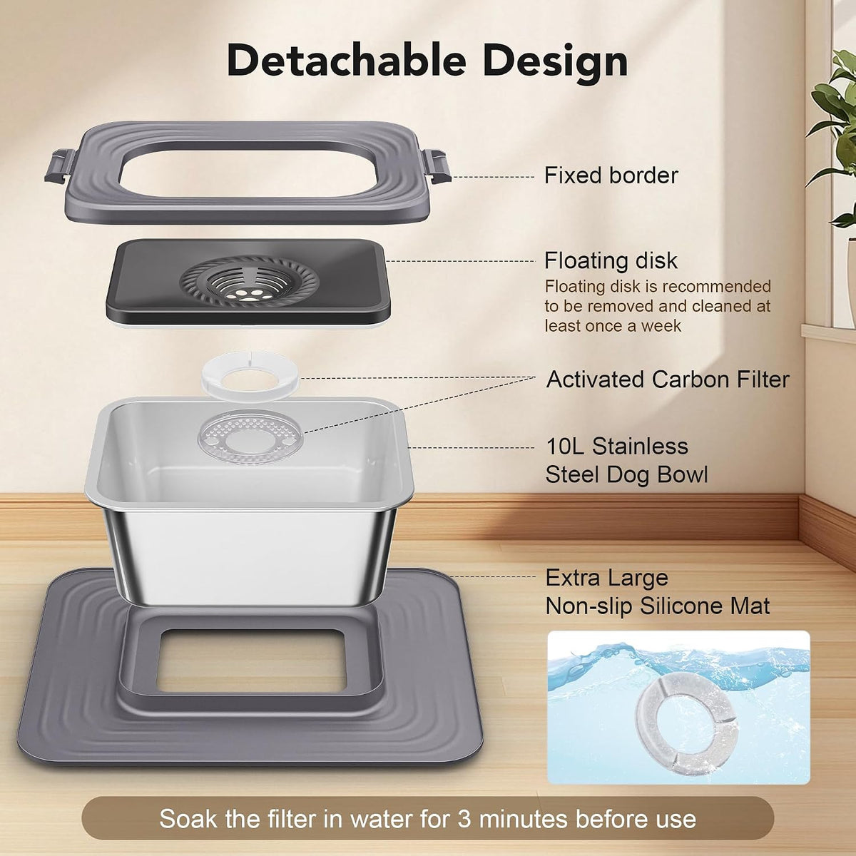Decflow No Spill Dog Water Bowl,10L Stainless Steel Anti-Splash Bowls