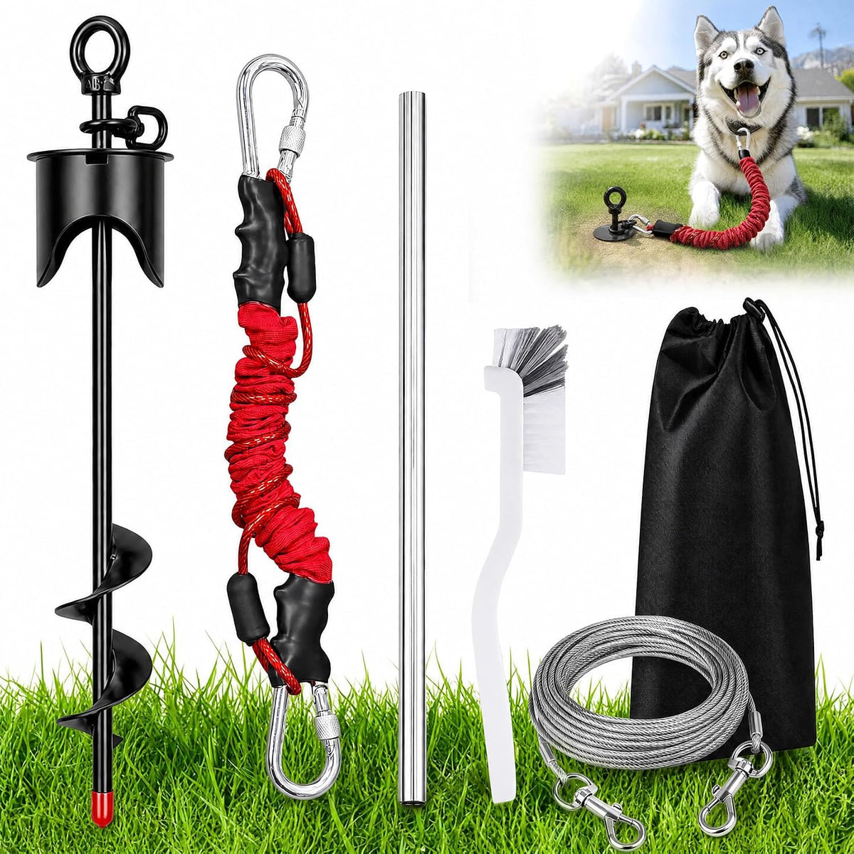 Dog Tie Out Stake with Lock-Cap Kit,Heavy Duty Dog Stakes for Outside/Yard/Camping with Shock Absorbing Bungee Tether,360°Swivel Rust Proof Ground Anchor for Dog Cable,Chain