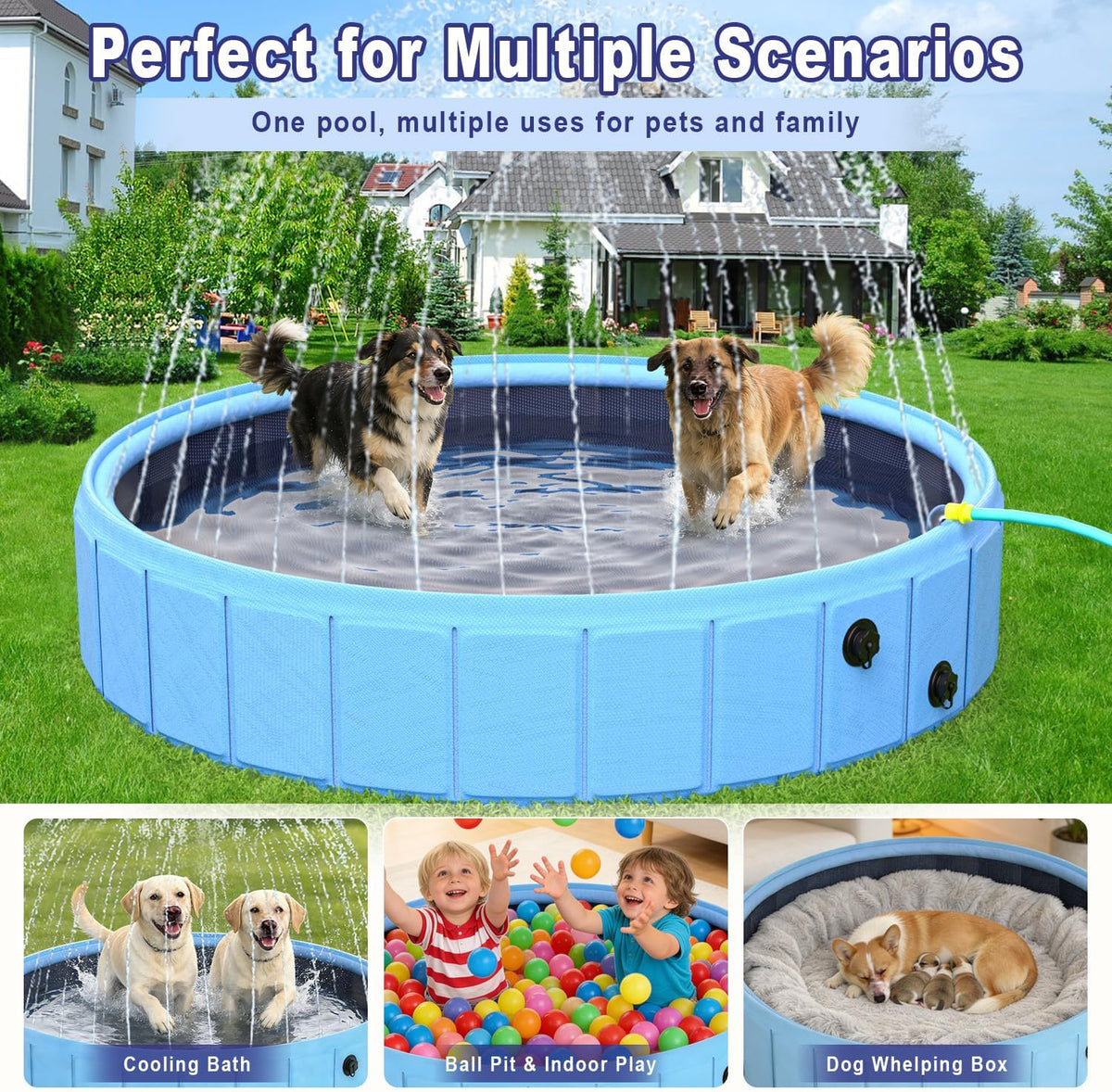 Foldable Dog Pool with Sprinkler, 106" Extra Large Non-Slip Dog Swimming Pool, 2-in-1 Outdoor Backyard Pet Bathing Tub with Drain Plug for Dogs Kids Pets Ducks
