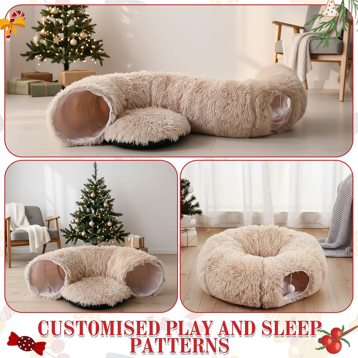 Christmas Tree Cat Tunnel 36 in Donut Bed, Beige, Plush, Fluffy