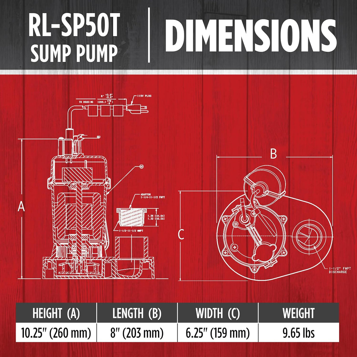 Red Lion RL-SP50T, 115V, 1/2 HP, 3600 GPH Automatic Sump Pump, 8' Cord