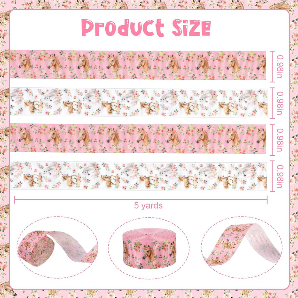 4 Rolls Floral Horse Theme Ribbons, 20 Yards Craft Ribbons for Wreath Hair Bow Wrapping Gifts Packing, Western Grosgrain Ribbons Birthday Wedding Gender Reveal Party Home Accessory Decor