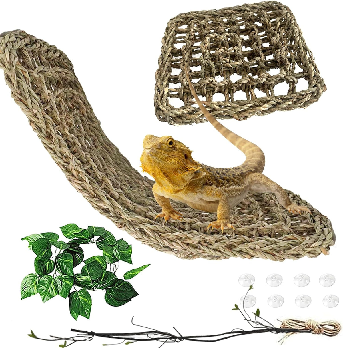 4 PCS Bearded Dragon Hammock,Lizard Lounger Reptile Natural Seagrass Hammocks Climb Vines Plant Decoration Terrarium Accessories for Lizards Chameleon Gecko Snakes Crown Geckos