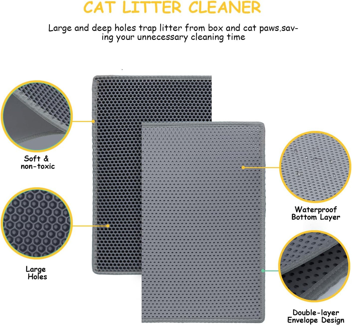 Cat Litter Mat, Litter Box Mat, Large Double Layer Waterproof Proof Trapping mat, Non-Slip Design, Kitty Litter Rug, Cat Supplies, Easy to Clean, 24x15 Inch, Grey, Pack of 1