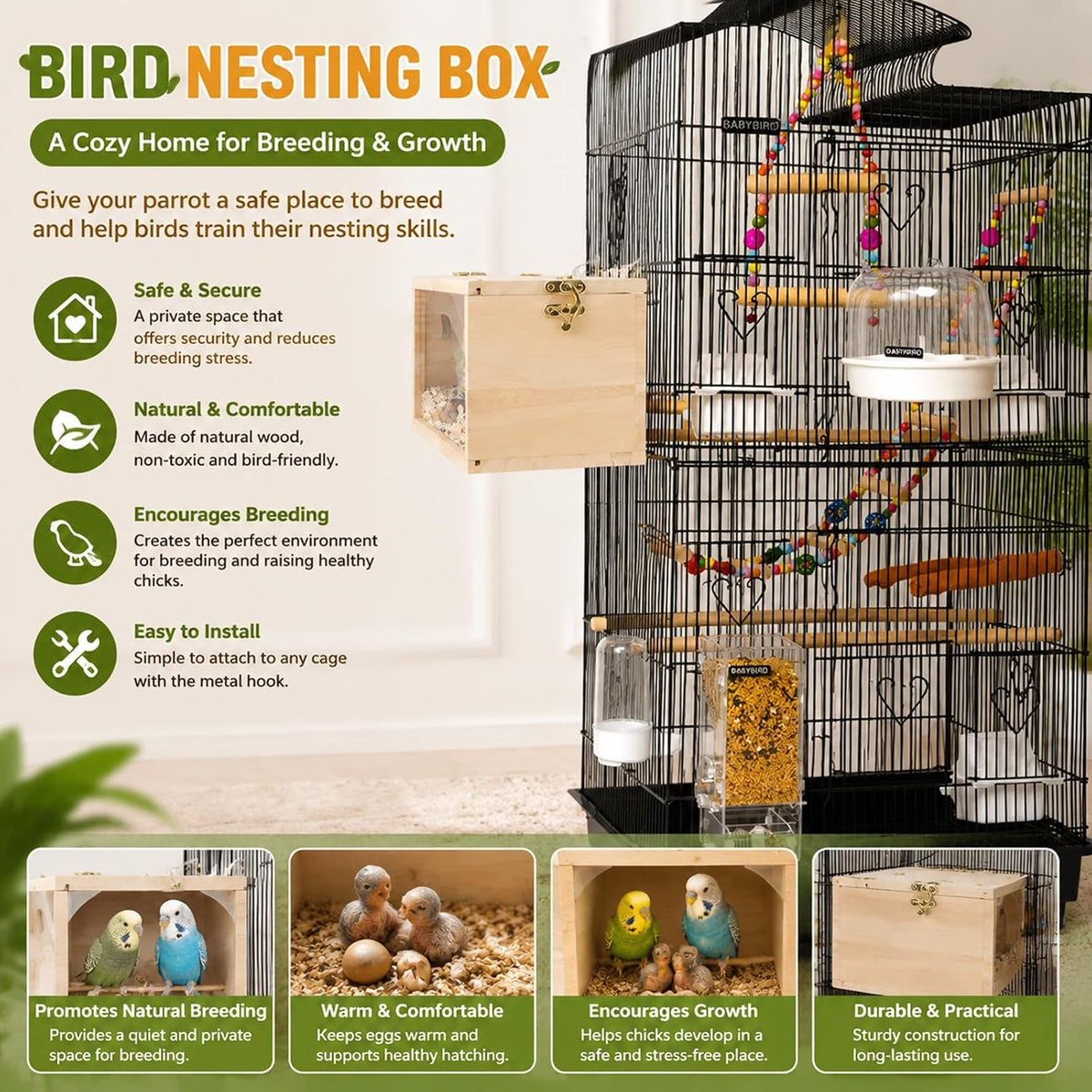 Rypet Parakeet Nesting Box, Cockatiel Bird Nest Box with Perch(S)
