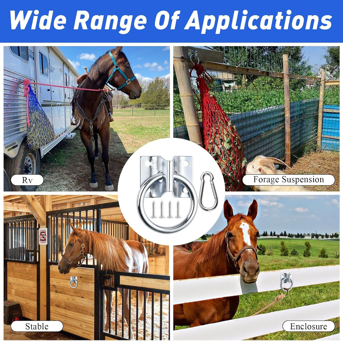 10 Pcs Cross Tie Ring Set, Horse Trailer Tie Ring with 10 Spring Snap Hook and 40 Screws, Tie Down Ring for Stall, Trailer, Barn, Racetrack, Pasture