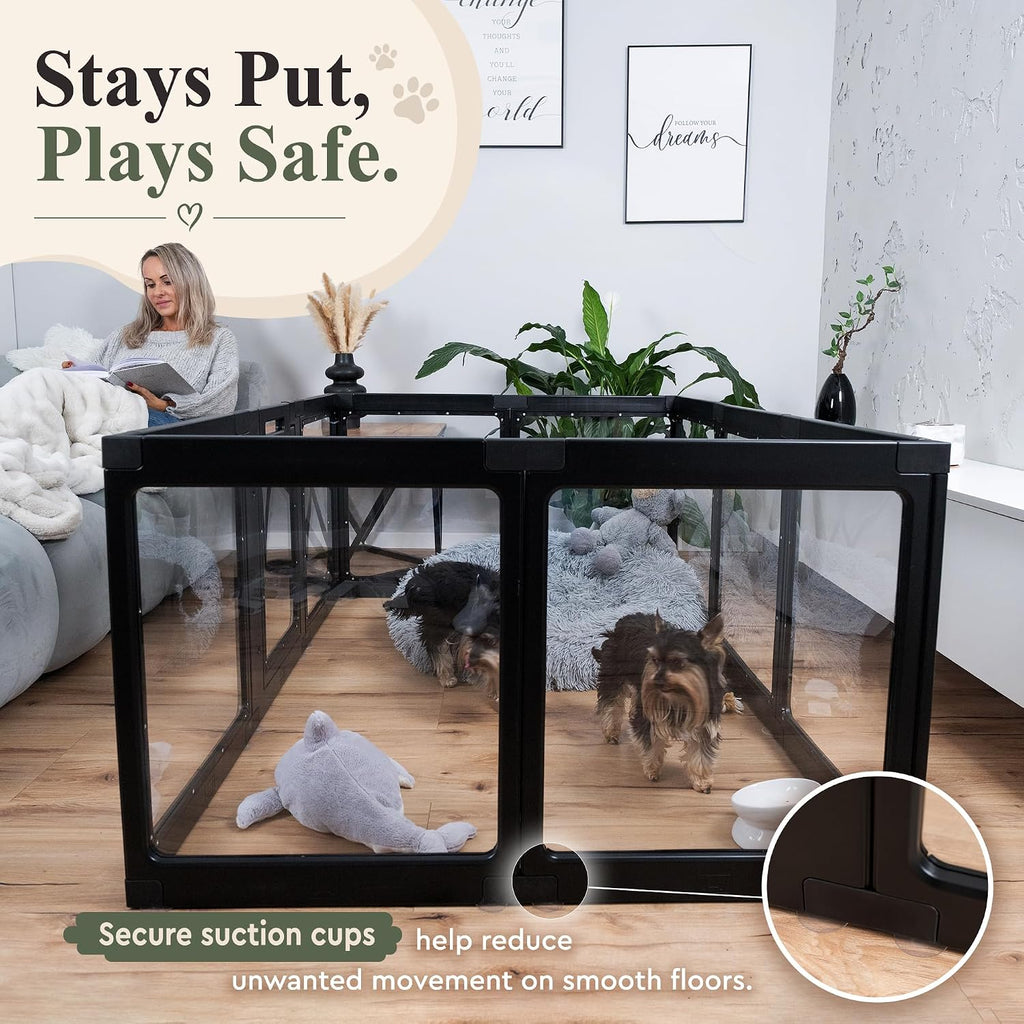 Transparent Indoor Dog Playpen with Safety Lock, Indoor Dog Fence for Small & Medium Pets | Secure, Stylish, Easy Clean Play Pen for Dogs & Pets with Scratch Resistant Panels (24''H,Black, 10 Panel)