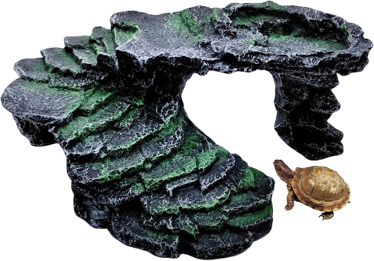 M2cbridge Reptile Hide Resting Step Ledge Cave Hideout Turtle Basking Platform – Great for Reptiles, Amphibians, and Fish (Moss Step Ledge B)