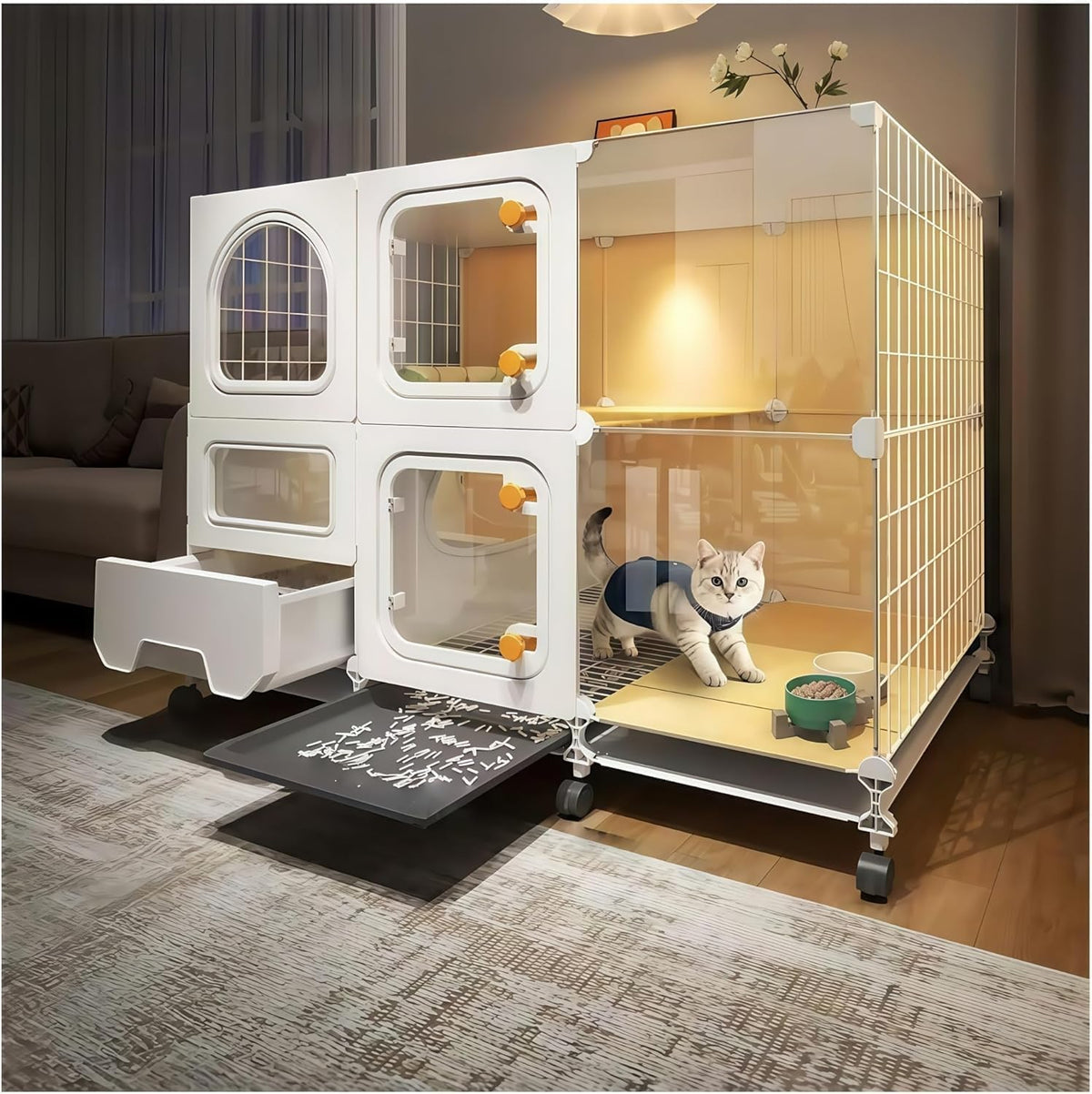 Indoor cat cage with Litter Box,Complimentary Cat Bed,Bow,lcat House with Wheels Outdoor,Large cat Villa Playpen,Small Animal Dog Kennel cat enclosures(42″(L) x18.2″(W) x32.4″(H))