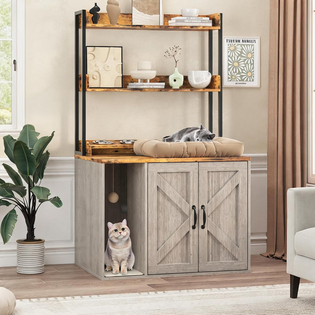 55" H Large Cat Litter Box Enclosure Cabinet with Storage Shelves