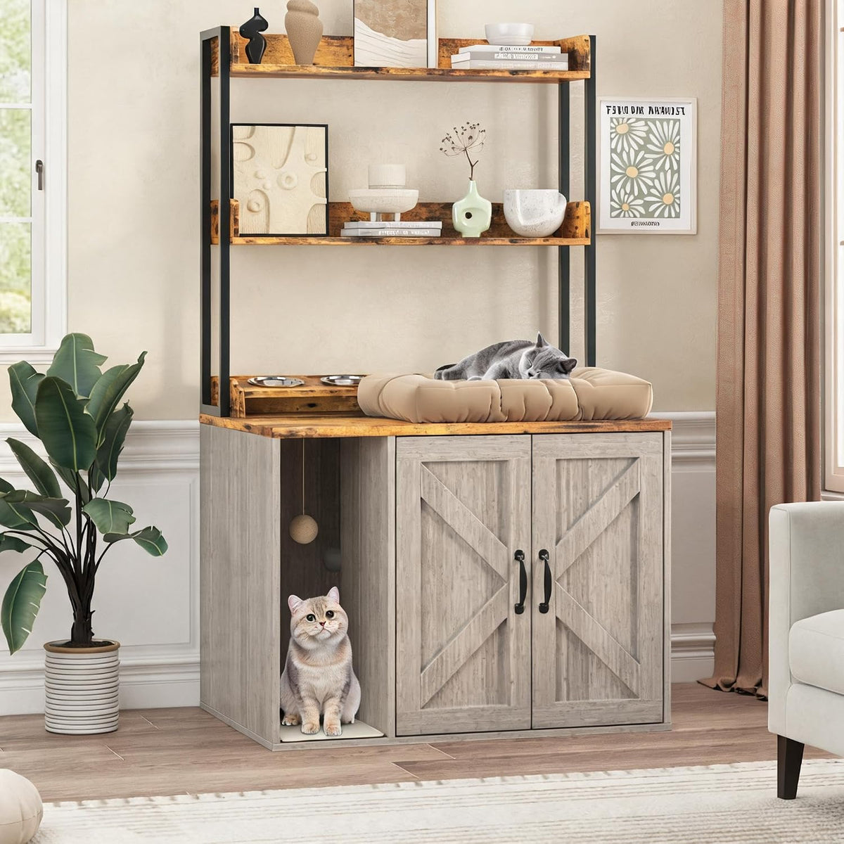 55" H Large Cat Litter Box Enclosure Cabinet with Storage Shelves