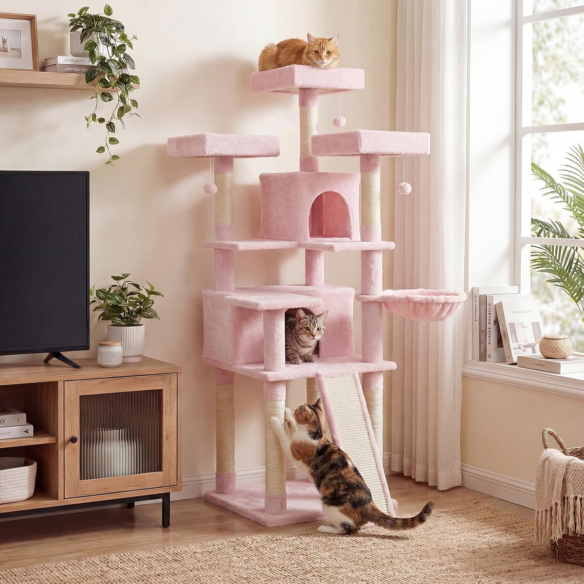 DORTALA Multi-Level Cat Tree, 65" Tall Cat Tower with 3 Plush Perch, 2 Condos, Basket Bed, Sisal Scratching Posts & Board, Hanging Pompoms, Indoor Pet Climbing Furniture (Pink)