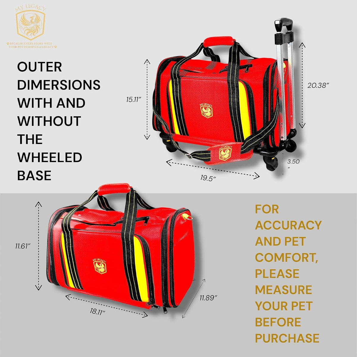 MY LEGACY Expandable Pet Carrier with Wheels & Matching Leash – Airline Compliant Cat & Small Dog Carrier, Fits Under Most Airplane Seats for In-Cabin Travel, Soft-Sided Collapsible, Pets Up to 18 lbs