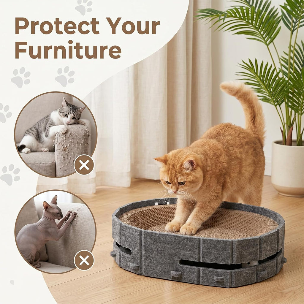 Interactive Cat Scratcher Lounge Bed Heavy Duty Corrugated Cardboard Cat Scratching Pad Bowl with Built-in Track & 2 Bell Balls for Indoor Cats Claw Care and Rest Cat Scratching Bowl, Grey