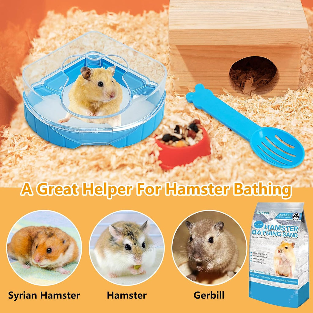 Hamster Sand Bath Kit, 2LB Bathing Sand for Gerbils with Plastic Sandbox Chinchilla Cleaning Powder Dust Free Small Animals Showering Sand for Rodent Mice Rat Mouse