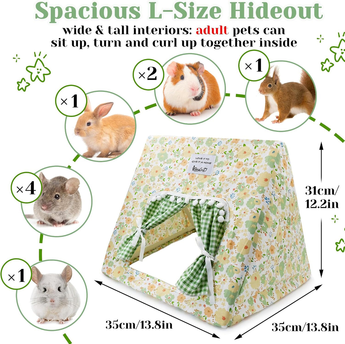 Jenvd Guinea Pig Hideout Large with Curtain, Machine Washable Bunny Hideout