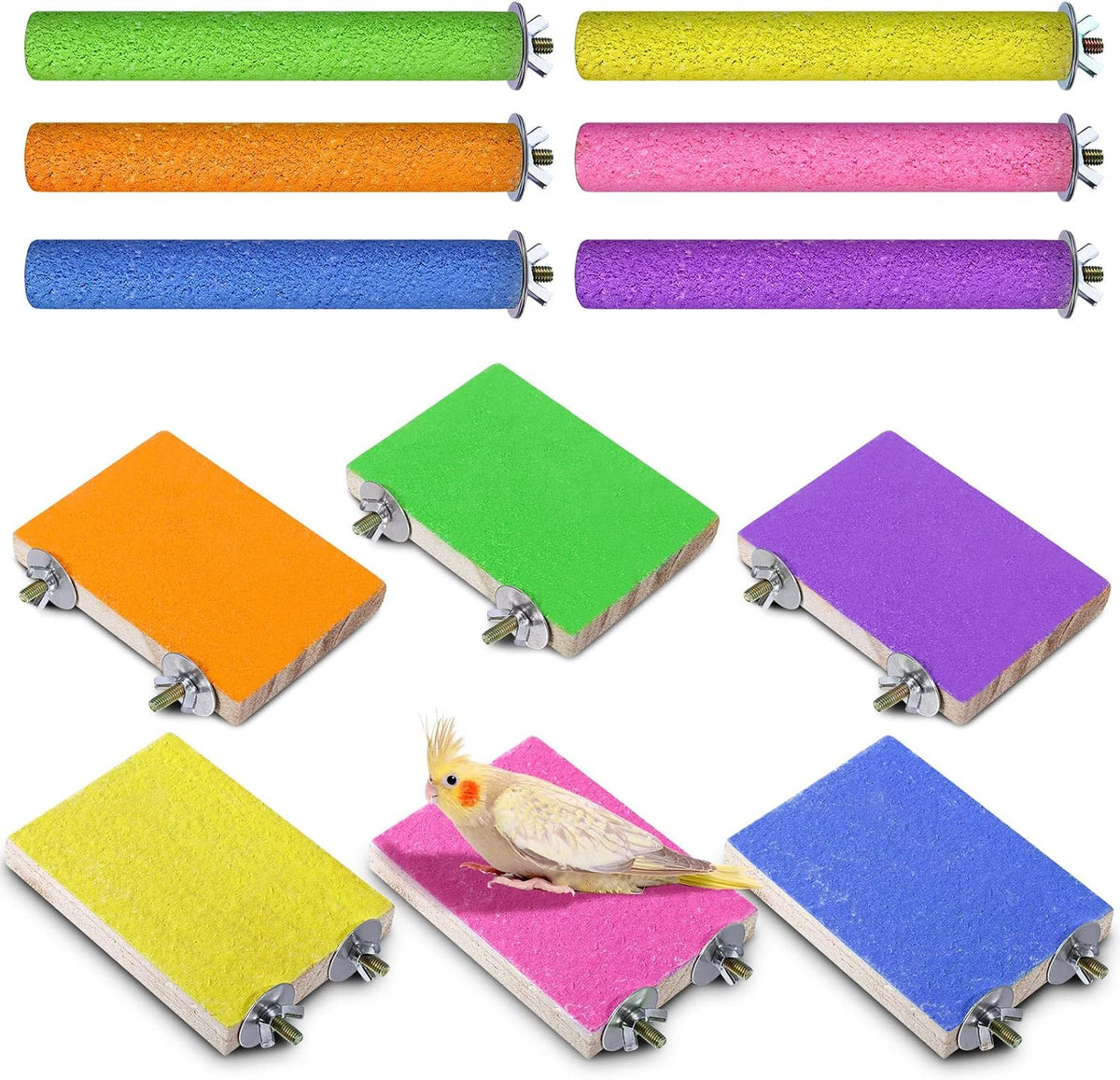 Reginary 12 Pcs Bird Perch Stand Toy Includes 6 Parrot Perch Wood Stand Bird Platform 6 Colorful Paw Grinding Stick for Cage Accessories Parakeet Cockatiel, 6 Colors