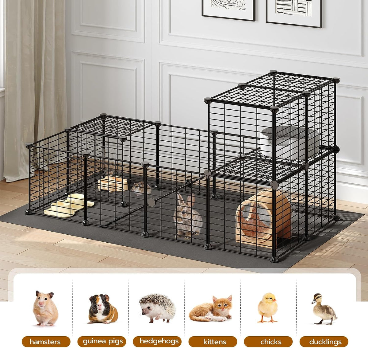 HOOBRO 24 Panels Guinea Pig Cage with Waterproof Mat and Ramp, 57" x 31.5" x 23.6" Loft Design Small Animal Playpen, Rabbit Cage, Bunny Cage, Pet Playpen, Indoor Outdoor Yard Fence, Black BK03PP03