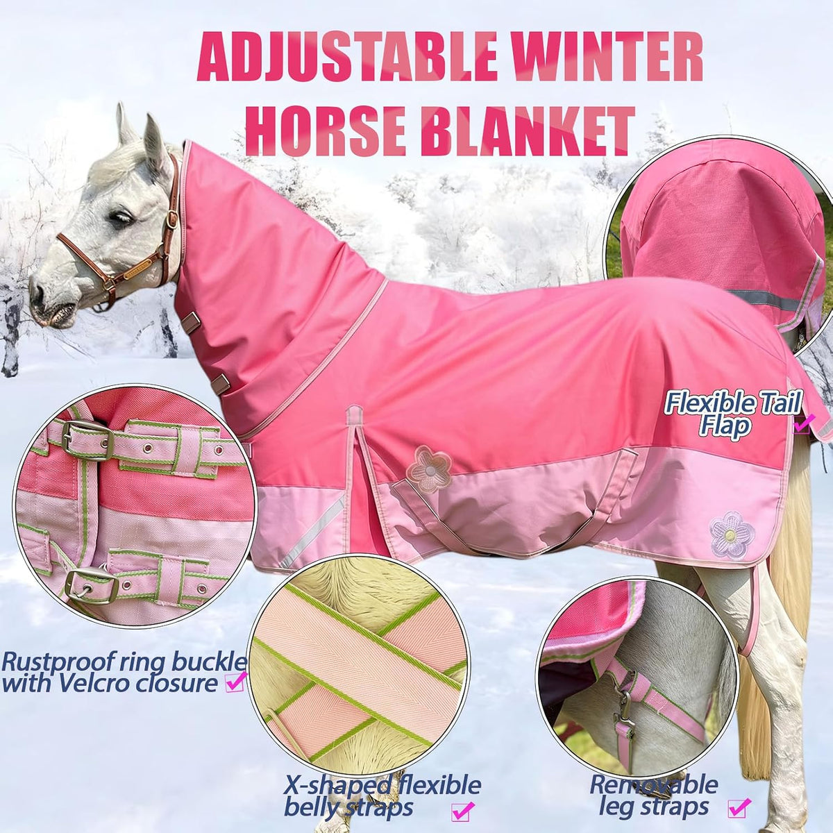 250g 1200D Winter Blanket with Cover,Heavy Horse Blanket, Horse Turnout Rug for Real Horses, Waterproof and Reflective Strips Design(Pink69'')