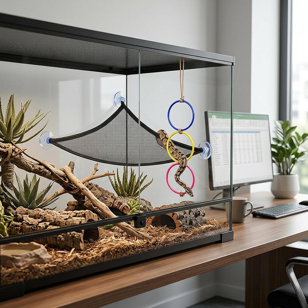 3PCS Snake Enrichment, Snake Enclosure Accessories, Reptile Habitat Accessories with Jute Rope and Black Mesh Hammock, Cage Climbing Structures for Environmental