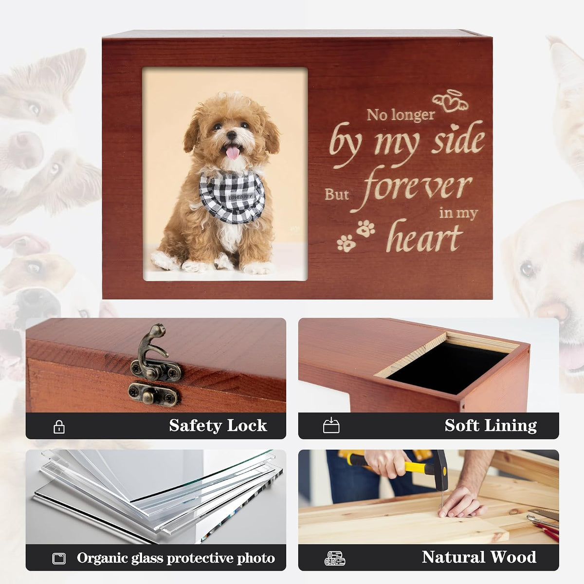 Pet Urns for Dogs or Cats Ashes with Photo Frame, Wooden Memory Box for Keepsakes with Black Flannel as Lining, Pet Memorial Gifts for Dogs (Brown Medium)