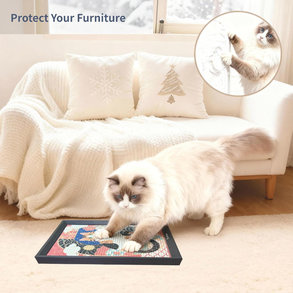 Decorative Wall Art Cat Scratcher for Indoor Cats, Wall Mounted Sisal Cat Scratching Board with Solid Wood Frame, Furniture Protector, Easy No-Drill Install, 17 x 13 in
