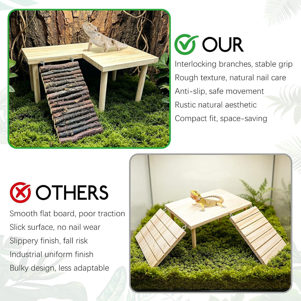 BNOSDM Wooden Basking Platform with Climbing Ramp Reptiles Hideout Bearded Dragon Hide Cave Reptile Tank Accessories Suit for Tortoise, Lizard, Toad, Gecko (L-Shaped)