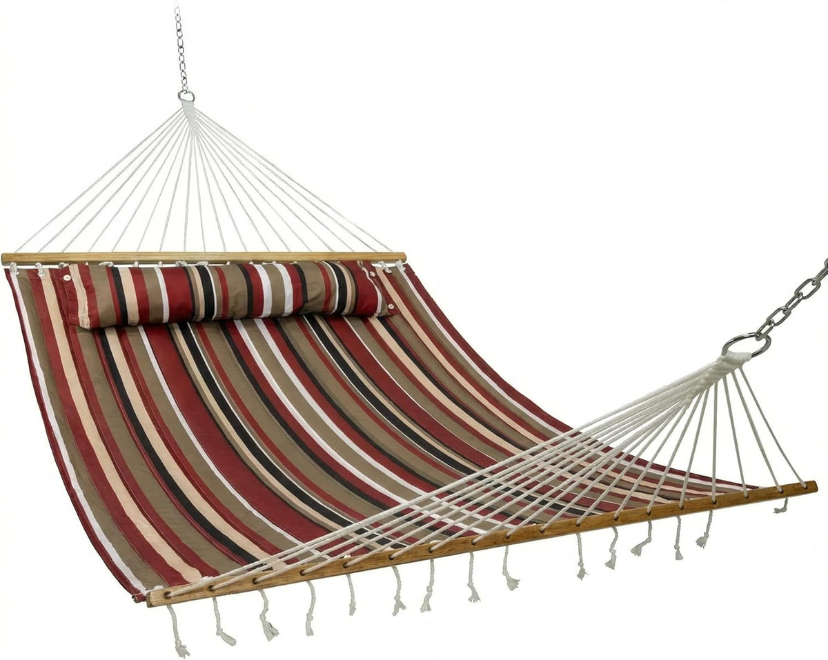 Sunnydaze Quilted Double Hammock for Outside with Pillow, Awning Stripe