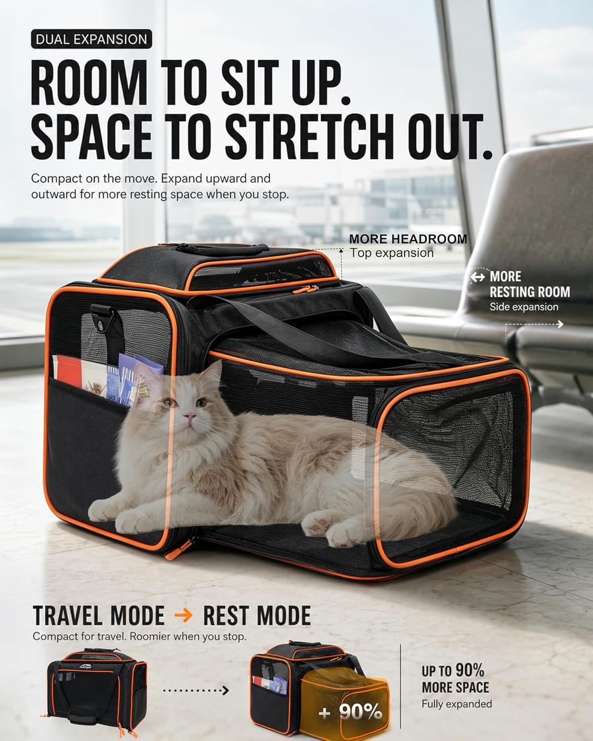 Airline Approved Expandable Soft-Sided Pet Carrier (Orange Black).