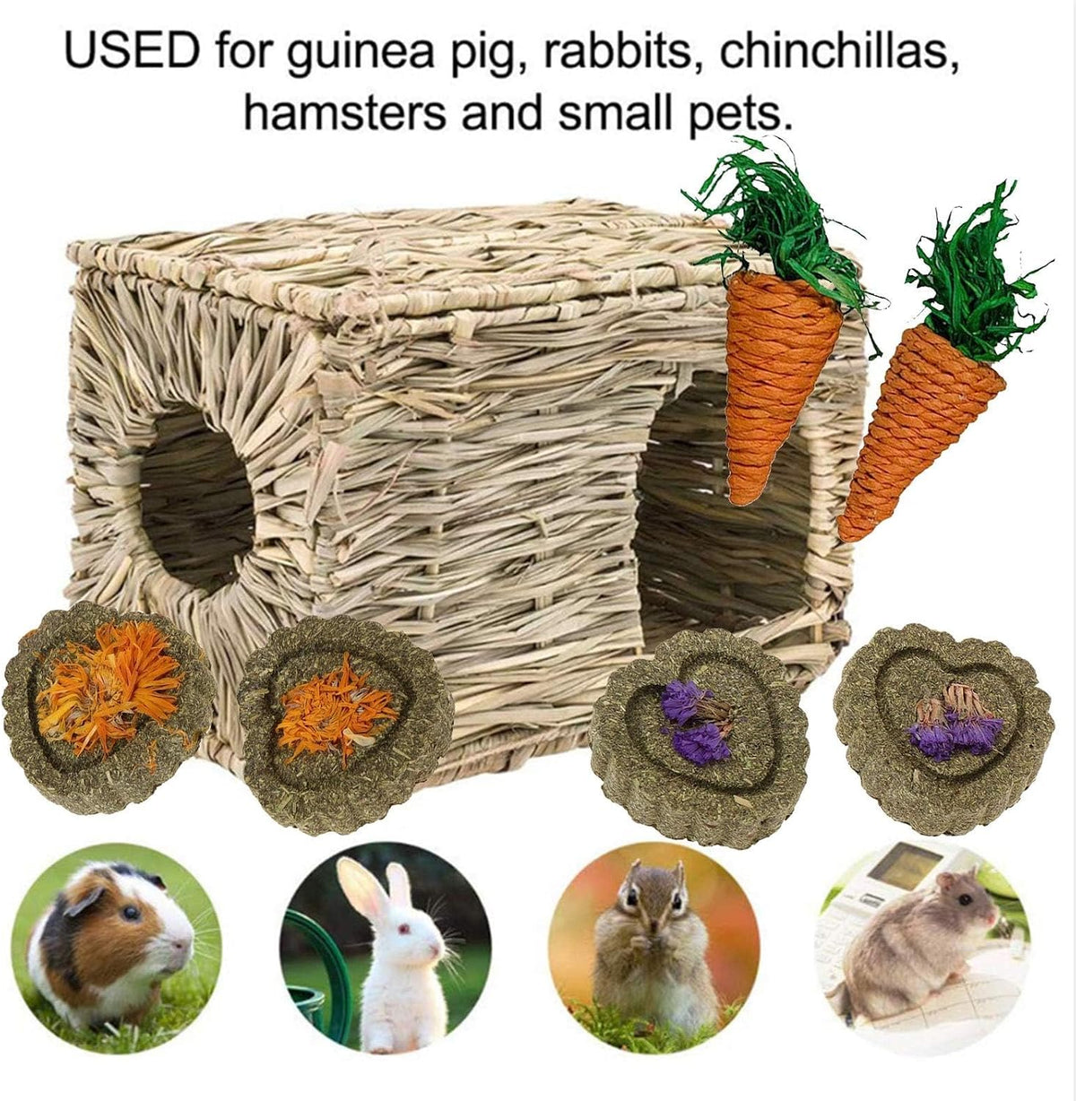 kathson 2 Pcs Large Rabbit Grass House Natural Foldable Hand Woven Seagrass Bed Carrot Hay Toy Hut Safe Comfortable Playhouse with 6 PCS Bunny Chew Toys for Bunny Hamster Guinea Pig Chinchilla Ferret