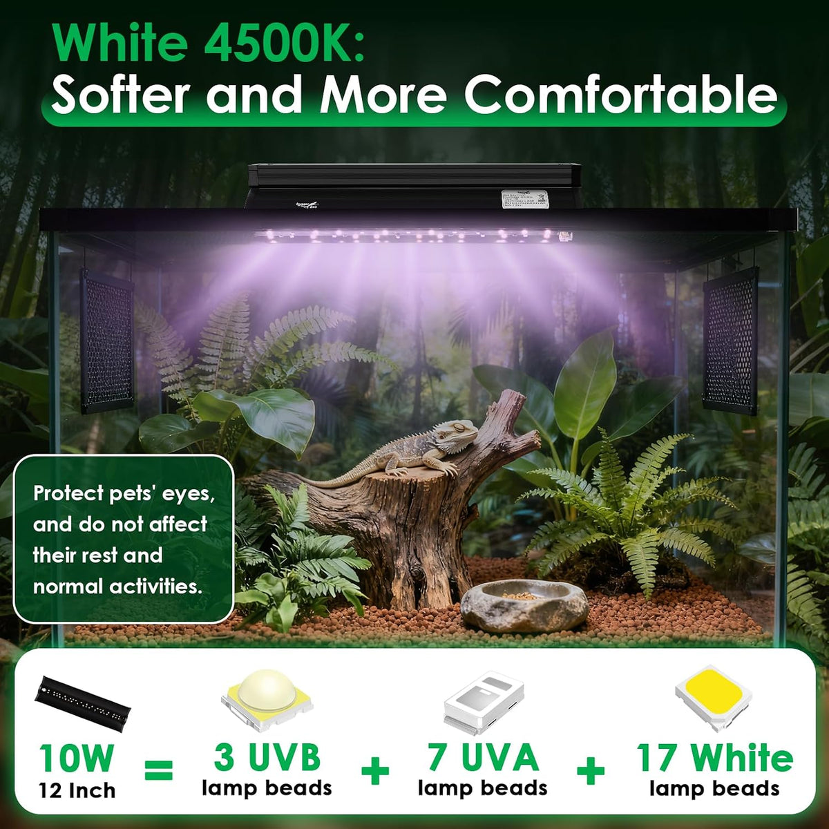 UVB Light for Reptiles, 10W HO LED UVB Reptile Light Fixture UVA UVB Lamp Bulb Terrarium Light with Timer and 5 Adjustable Brightness for Bearded Dragon Turtle Snake Crested Gecko Chameleon, 12 Inch