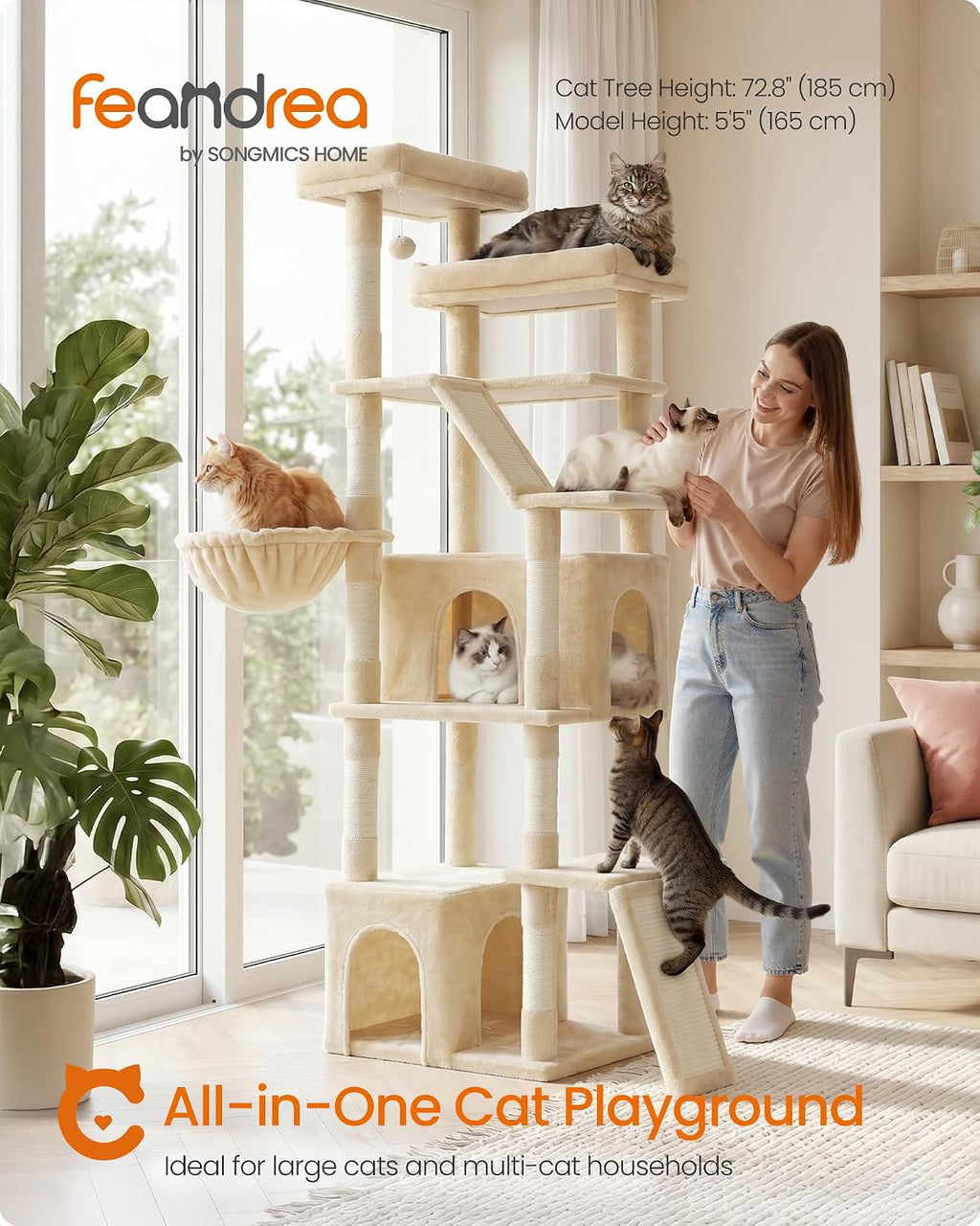Feandrea Large Cat Tree, 72.6" Tall Sturdy Cat Tower for Indoor, Beige
