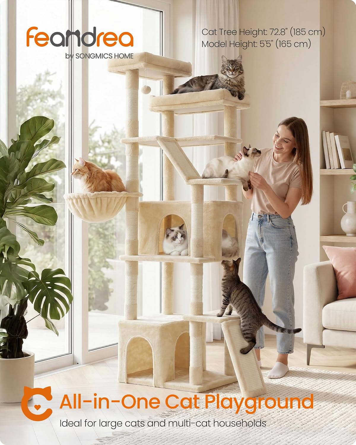 Feandrea Large Cat Tree, 72.6" Tall Sturdy Cat Tower for Indoor, Beige