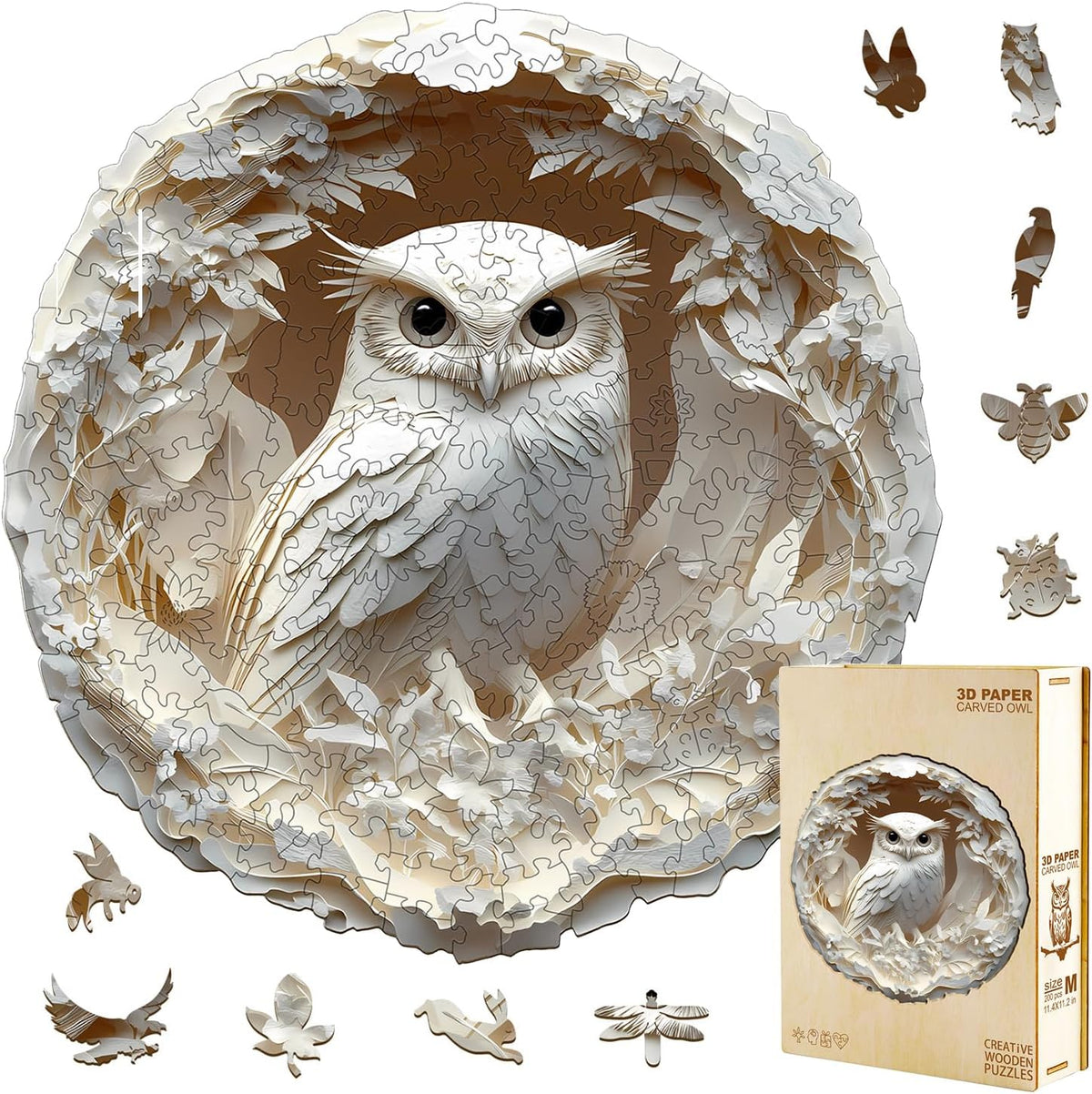 Wooden Puzzles Adults 300 Pieces, White Owl Animal Shaped Wood Puzzle with Unique 3D Paper Carved Effect, Challenging Jigsaw Puzzles, Christmas Birthday Gifts for Women Mom, Wall Decor13.3in
