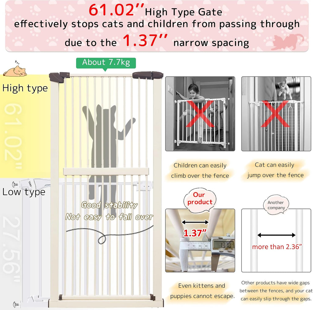 Lumizone 61.02" Extra Tall Pet Gate for Cat Dog 30.12"-34.05" Wide Cream