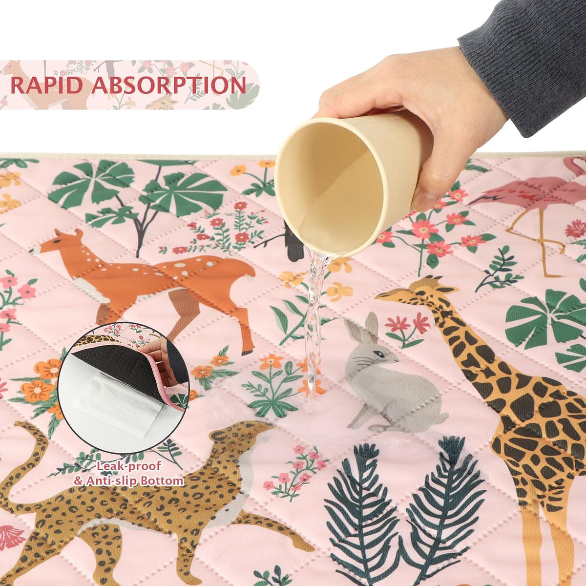 IEUUMLER Washable Pee Pads for Dogs, 2 Pack Forest Pattern Reusable Waterproof Puppy Pads, Non-Slip Super Absorbent Dog Training Pad for Playpen Crate Bed EU013 Pink Jungle, 24x18
