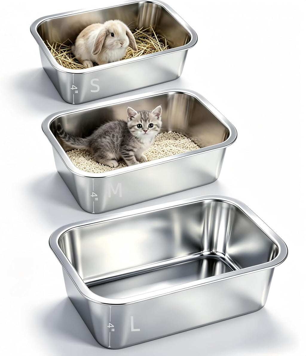 3 Pcs Stainless Steel Rabbit Litter Box with Scoop & Non-Slip Feet Mats, Easy Clean Metal Pan for Rabbits Cats Small Animal, No Smell, Non Stick, 4In Low Entry (L+M+S)
