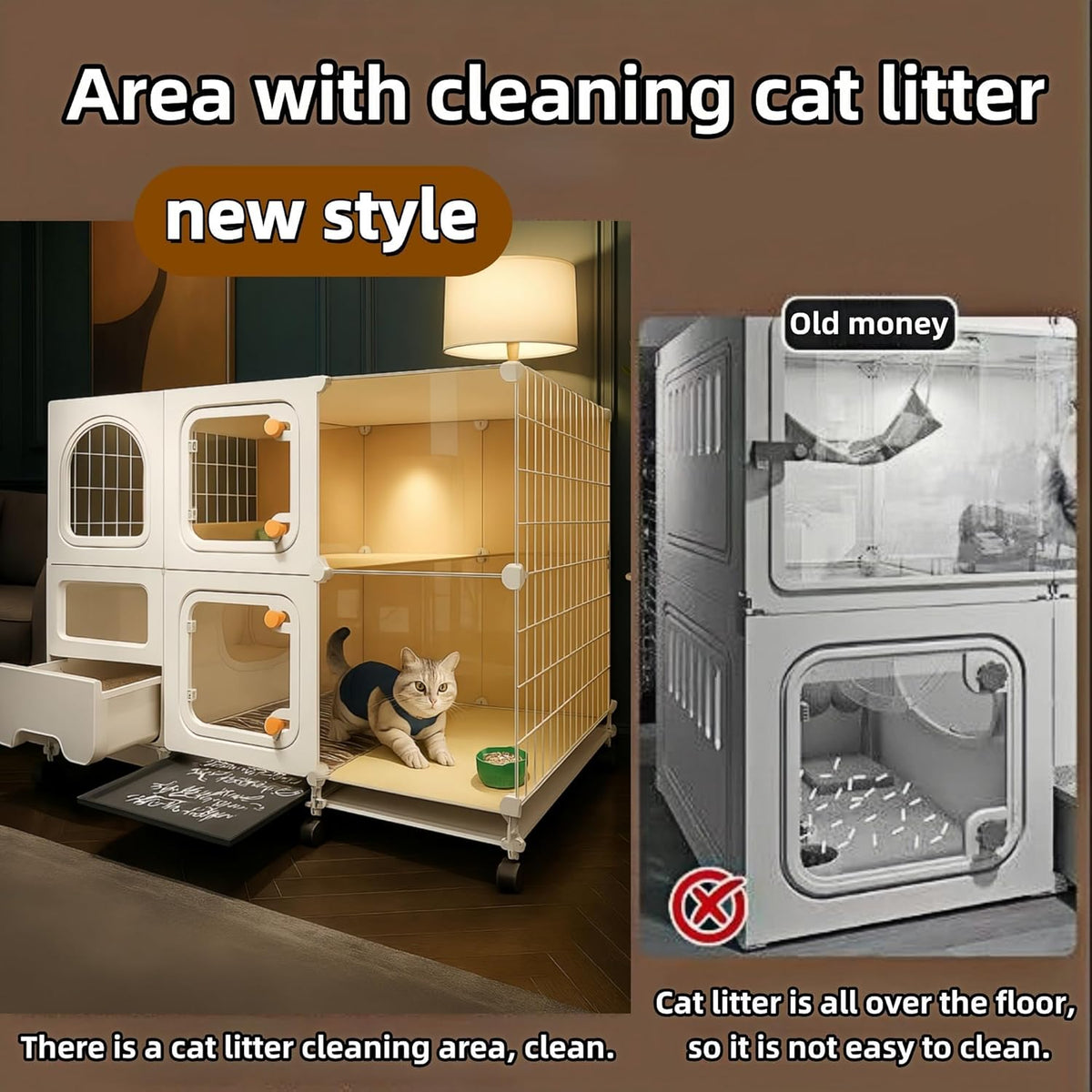Indoor cat cage with Litter Box,Complimentary Cat Bed,Bow,lcat House with Wheels Outdoor,Large cat Villa Playpen,Small Animal Dog Kennel cat enclosures(42″(L) x18.2″(W) x32.4″(H))