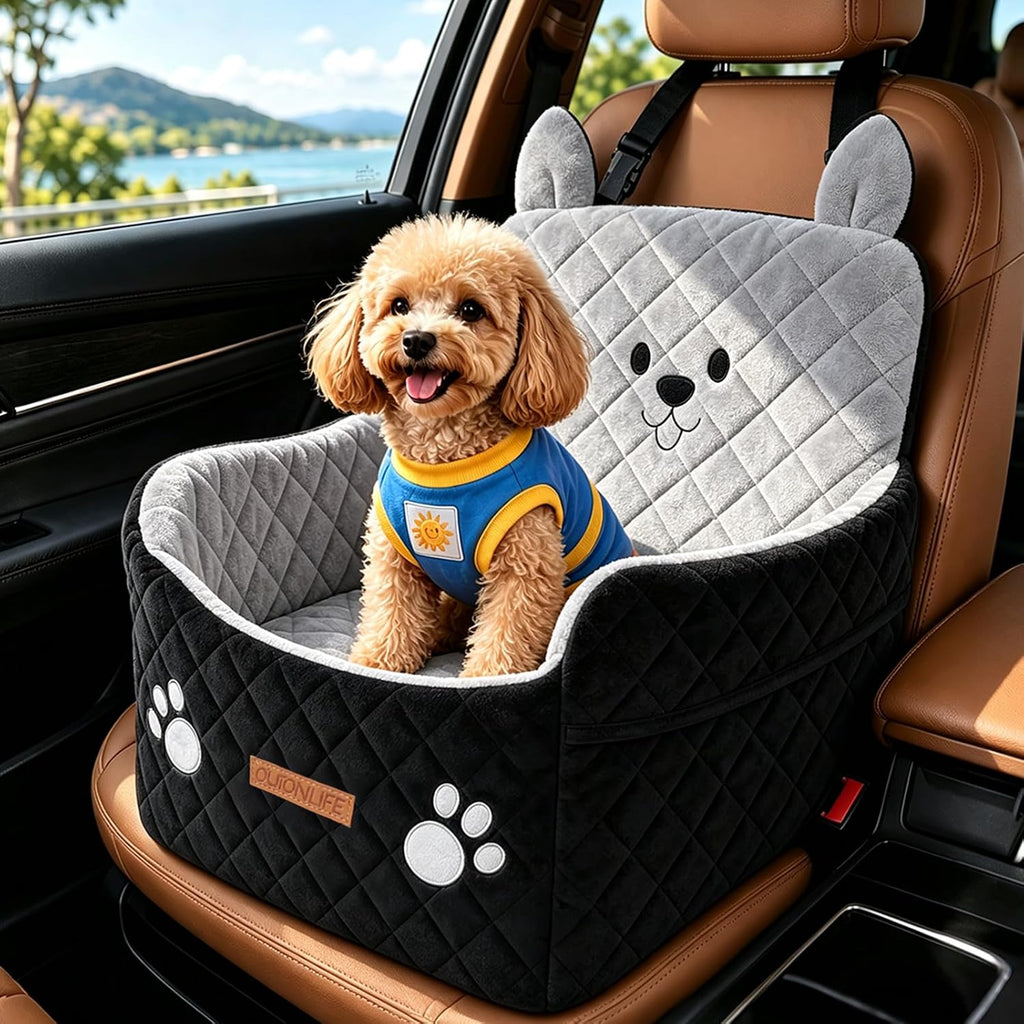 Large Dog Car Seat for Dogs up to 55 lbs or 2 Small Dogs, High-Density Foam Pet Travel Bed with Ultra-Soft Plush, Detachable Washable Cover, 2 Safety Leashes, Storage Pockets, Back Seat Use
