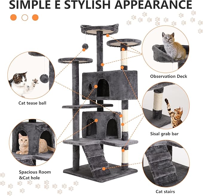 BestPet | 54" Cat Tree Tower | Light Gray | Sturdy, Hanging Cat Toys, - Image 6