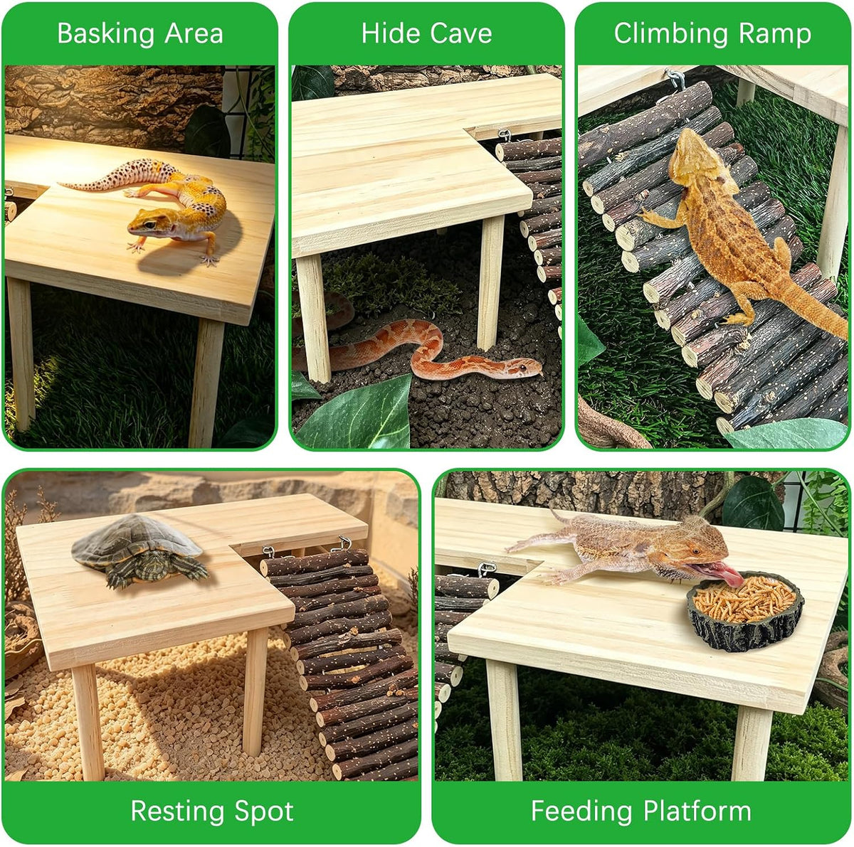 BNOSDM Wooden Basking Platform with Climbing Ramp Reptiles Hideout Bearded Dragon Hide Cave Reptile Tank Accessories Suit for Tortoise, Lizard, Toad, Gecko (L-Shaped)