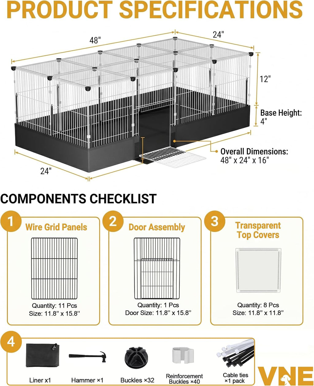20 Panels Guinea Pig Cages with Waterproof Liner, 48" x 24" x 16" Enclosed Rabbit Cage, Expandable Small Animal Plaype