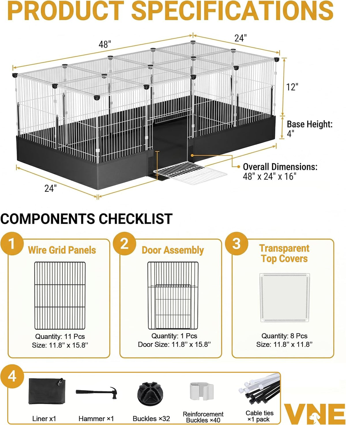 20 Panels Guinea Pig Cages with Waterproof Liner, 48" x 24" x 16" Enclosed Rabbit Cage, Expandable Small Animal Plaype