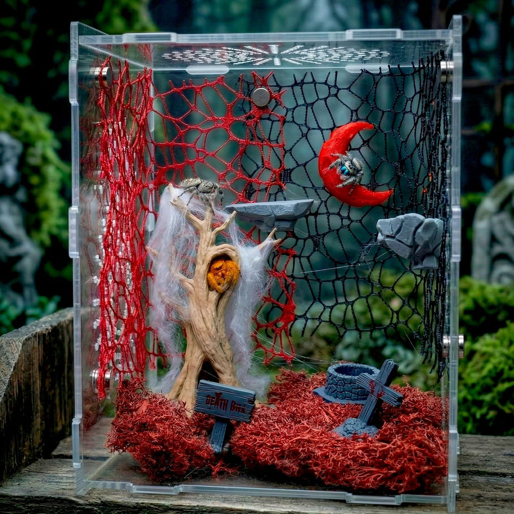 16 Pcs Jumping Spider Habitat Decor Kit - Gothic Tree Trunk Hide with 2 Magnetic Rock Ledges & Red Moon Platform - Spooky Dark Aesthetic Enclosure Accessories, Climbing Net & Moss Set