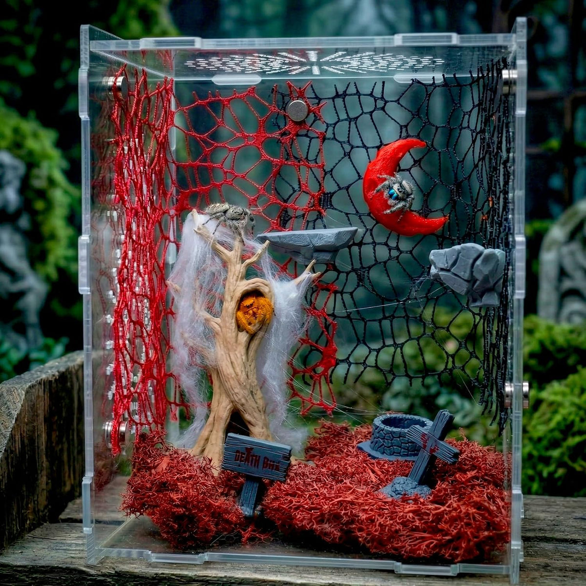 16 Pcs Jumping Spider Habitat Decor Kit - Gothic Tree Trunk Hide with 2 Magnetic Rock Ledges & Red Moon Platform - Spooky Dark Aesthetic Enclosure Accessories, Climbing Net & Moss Set