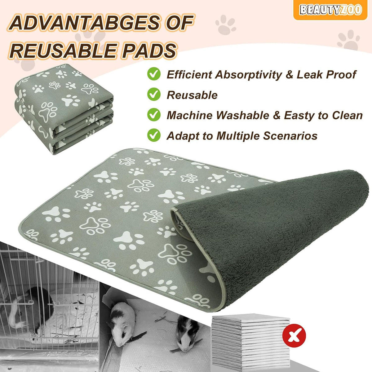 BEAUTYZOO 4 Pack Washable Reversible Guinea Pig Cage Liners, Fleece Bedding