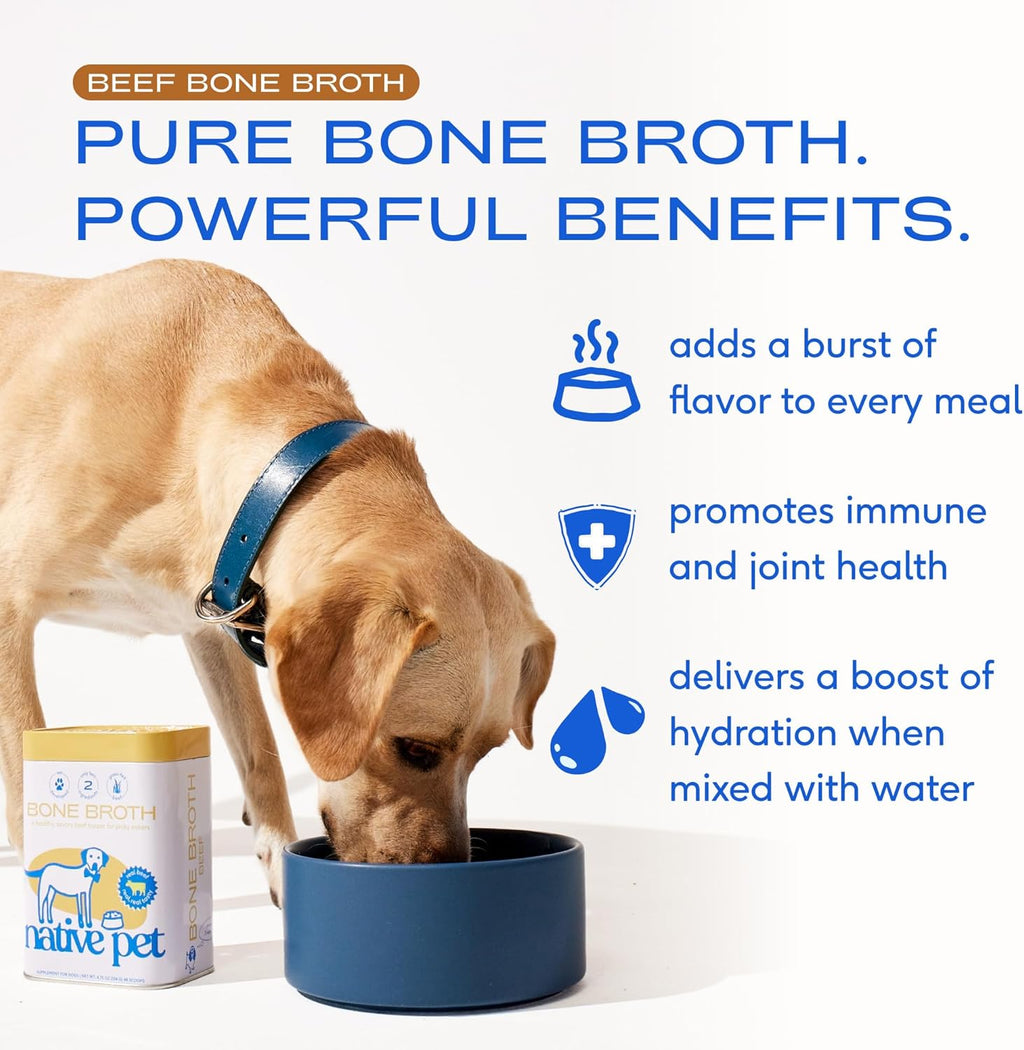 Native Pet Bone Broth for Dogs - Made with Real Beef Bone Broth, Dog Food Toppers for Picky Eaters - Provides Extra Hydration & Nutrition for Joint Strength, Immunity & Heart Health-48 Scoops