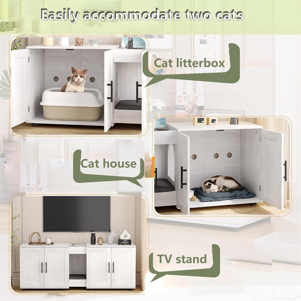 Cat Litter Box Enclosure, 55“ Large Hidden Litter Box Furniture with Double RoomsFarmhouse Wooden Cat Washroom for Bedroom Living Room, White