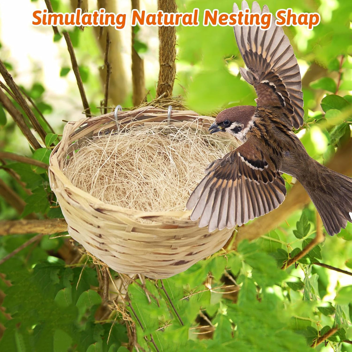 VCEPJH Handmade Bird Nest for Cage 6 Pack Bamboo Canary Breeding Nest with Hook Finch Nesting Hatching House with Fiber Liner for Littile Finch Parakeet Cockatiel Budgie